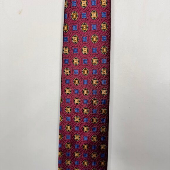 Vtg Beau Brummel SOHO Men’s Neck Tie 3 ½” Maroon Blue Gold Geometric 100% Silk - Picture 2 of 11